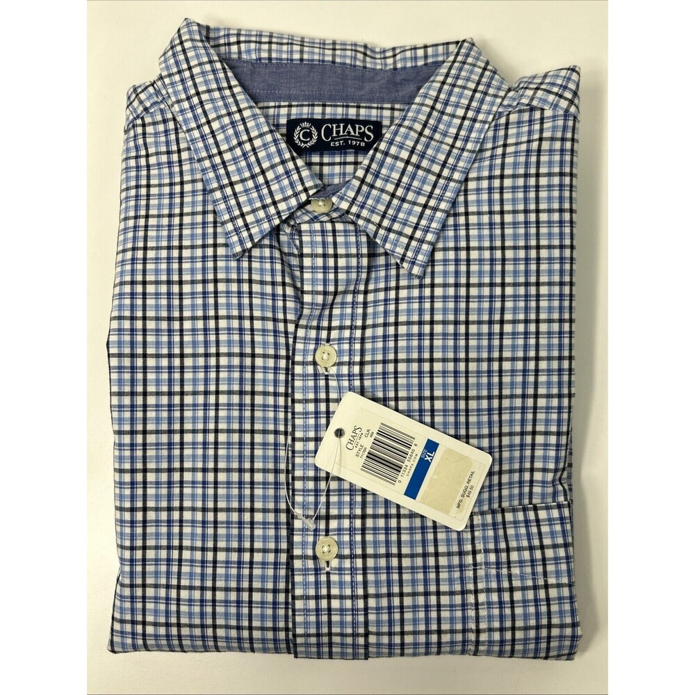 Chaps Men’s Button-Up Shirt Sz XL Blue Plaid Gingham Stripes Long Sleeve Cotton